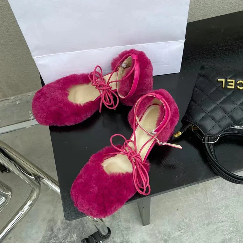 Brand Sandal Furry Elegant Square Low Heel Dress Pumps Shoes Outdoor Slingback Shoes