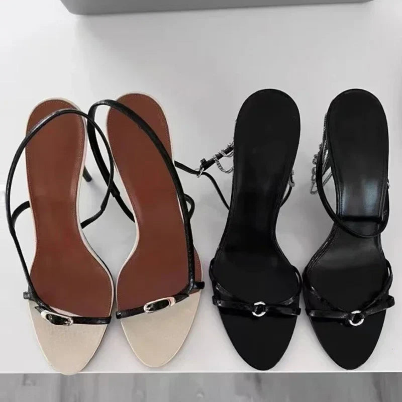 Buckle Open Toe Slip on Back Strap Sandals Black White High Heels Wedding Prom Shoes Zapatos Mujer