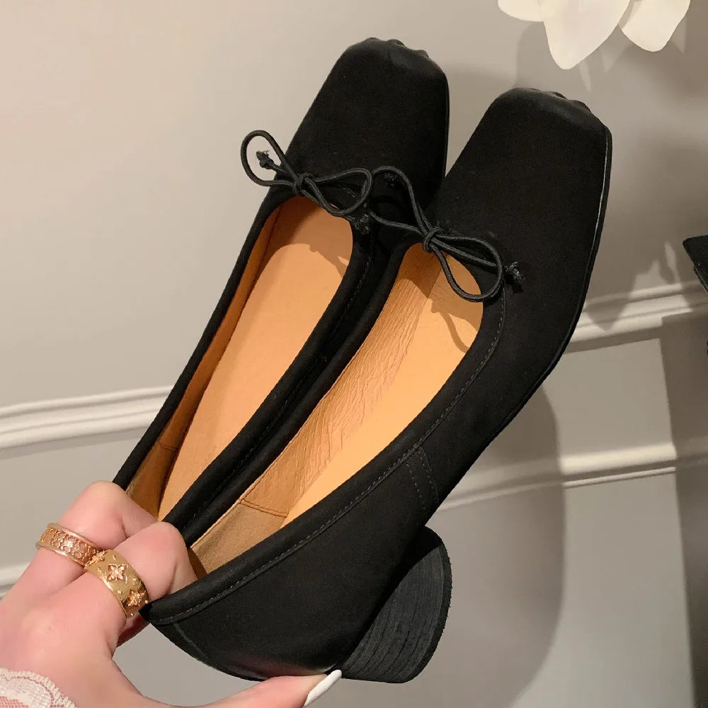 genuine leather 4.5cm thick med heel pleated square toe slip-on pumps sweet bowtie korean style heeled shoes sale