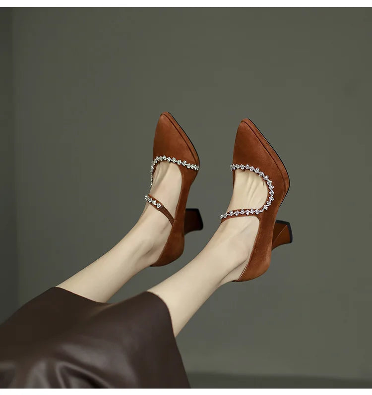 Pointed Toe Shallow Mouth Pumps Shoes Thick Heel Black Simple Work Shoes
