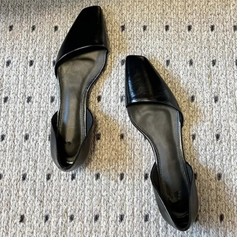 High Quality Retro Leather Flats Shoes Oblique Square Toe Hollow Mules Sandals Cozy Ballet Flats Loafers