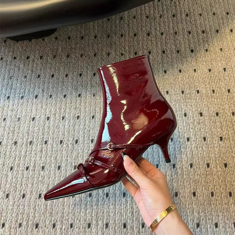 Patent Leather Belt Buckle Ankle Boots Elegant High heels Chelsea Office Lady Short Booties Shoes