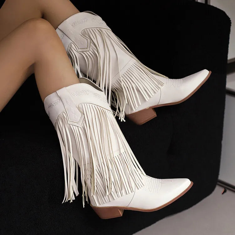 Fringe Western Boots Pink Sweet Embroidered Boots Brown Tassels Block Medium Heels Shoes Plus Size 48 Lady