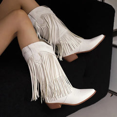 Fringe Western Boots Pink Sweet Embroidered Boots Brown Tassels Block Medium Heels Shoes Plus Size 48 Lady