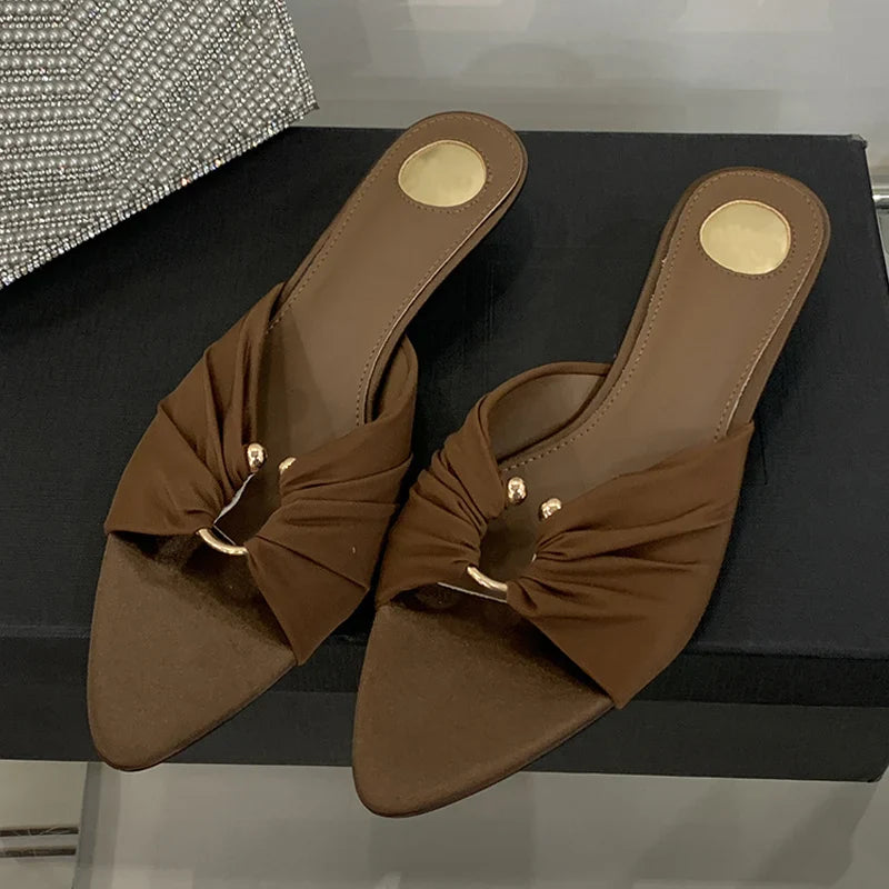 Pleated Silk Hollow Out Metal Buckle Slippers Sandal Pointed Toe Low Thin Heels Beach Party