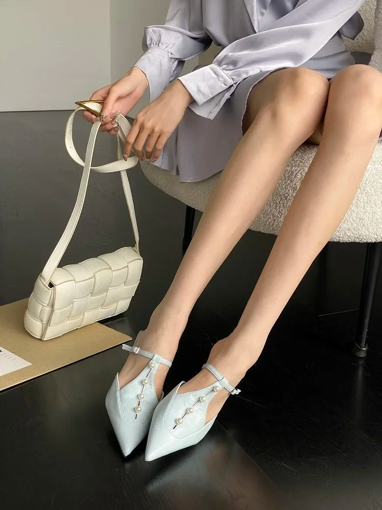 Woman Pumps String Pearl Pointed Toe Thin Low Heels Shoes Elegant Buckle Strap Zapatos De Mujer