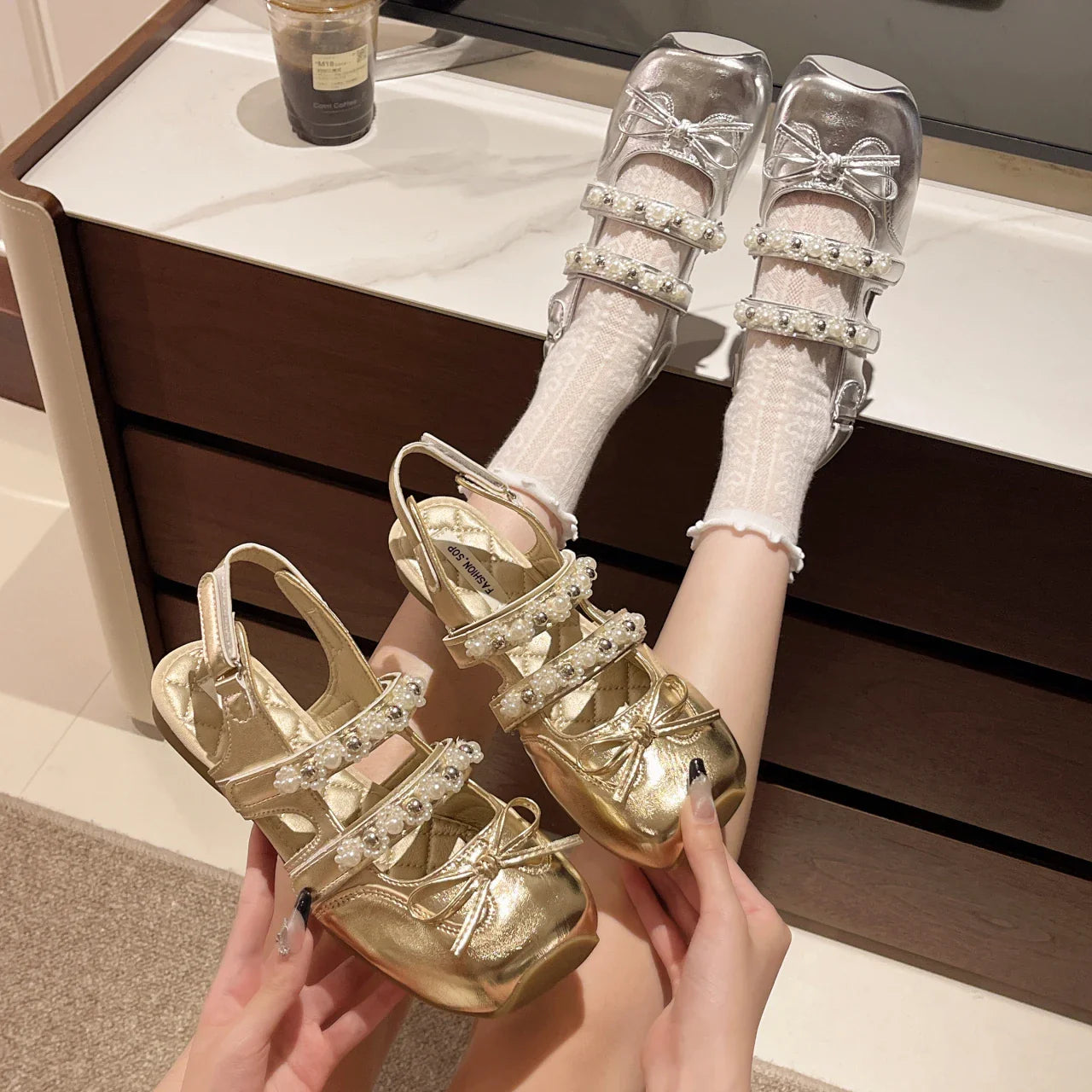 Pearl Bow Mary Jane Leather Shoes Flats Sandals Square Toe Slippers Lolita Mujer Zapatillas