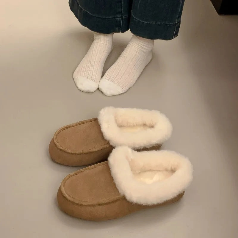 Vintage Fleece Lined Flats Shoes Concise Shallow Slip On Shoes Elegant Keep Warm Snow Shoes