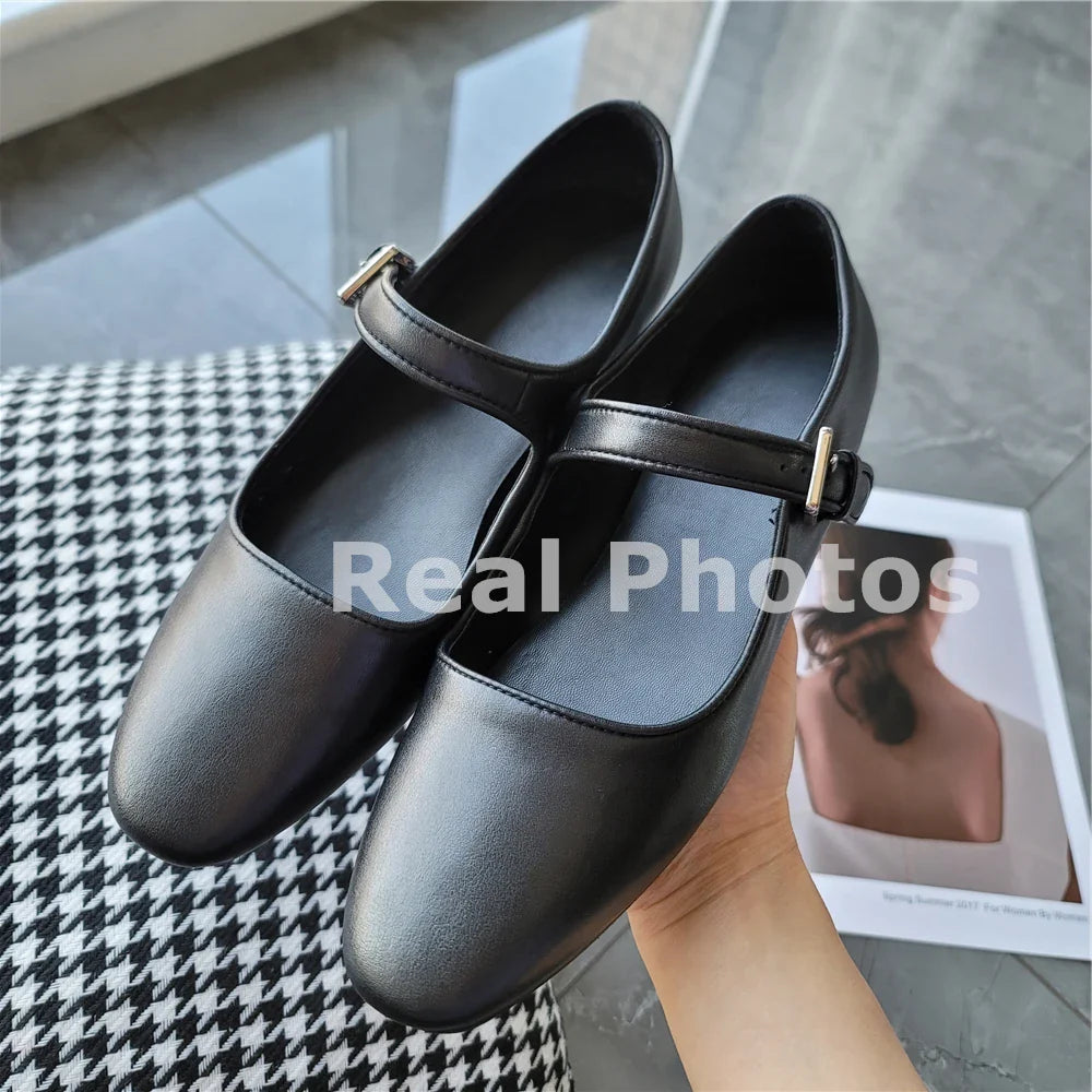 Brand Mary Jane Genuine Leather Flats Shoes Woman Buckles Flat Comfort Casual Loafer Shoes Soft Leather Flats