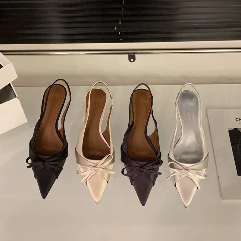 Bowktie pointed toe slingbacks low thin heel
