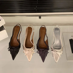 Bowktie pointed toe slingbacks low thin heel