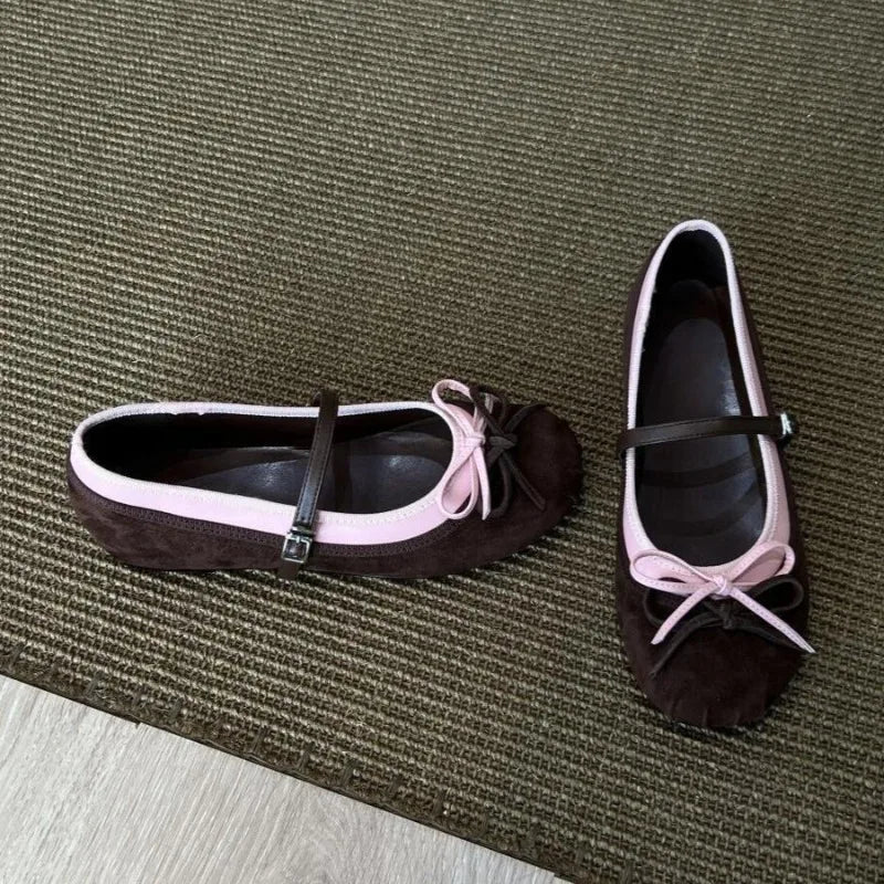 Sweet Bowknot Decoration Ballet Flats Round Toe Suede Patchwork Mary Jane Shoes Comfortable Soft Sole
