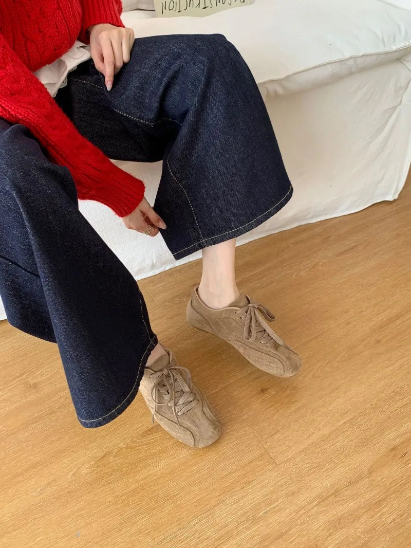 Retro Lace Up Flat Shoes Coyz Square Toe Ballet Sneakers Lightweight Non-Slip Outdoor Walking