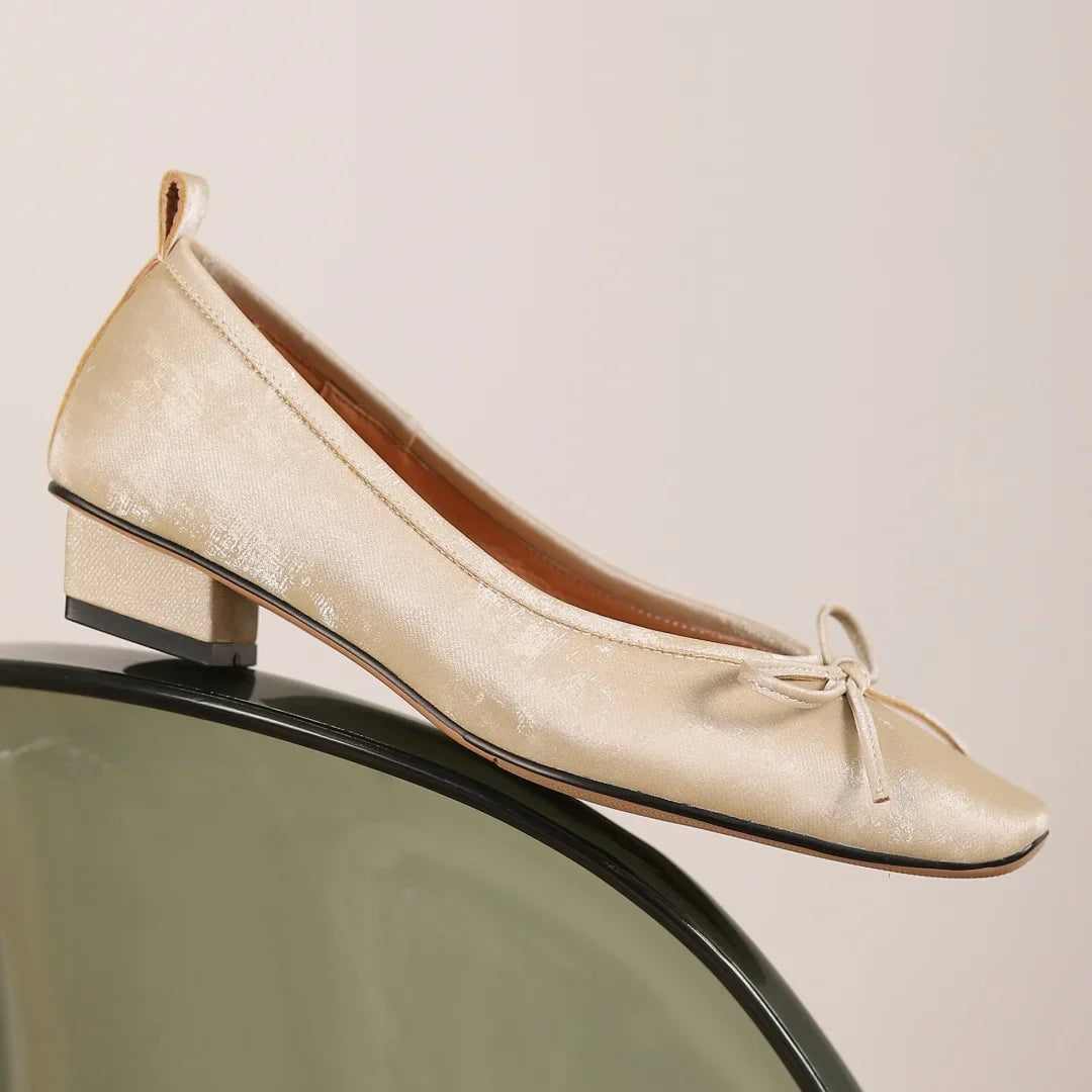 genuine leather square toe slip-on flats slim single shoes sweet bowtie retro daily footwear soft comfort shoes