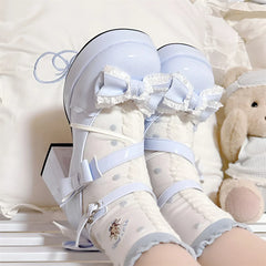 Lolita Bow Bow Decor Pumps Platform Chunky High Heels Ankle Strap Sweet Cute Elegant Pumps