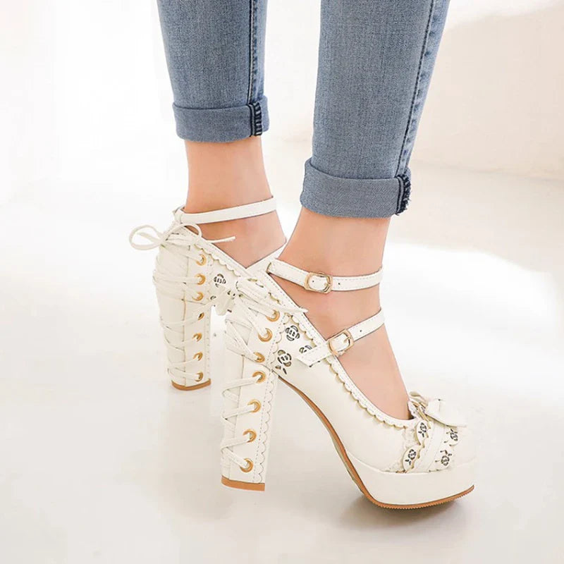 2.5 Platform Cute Bow Lace Princess Lolita Shoes Party 10cm High Heel Buckle Big size 43