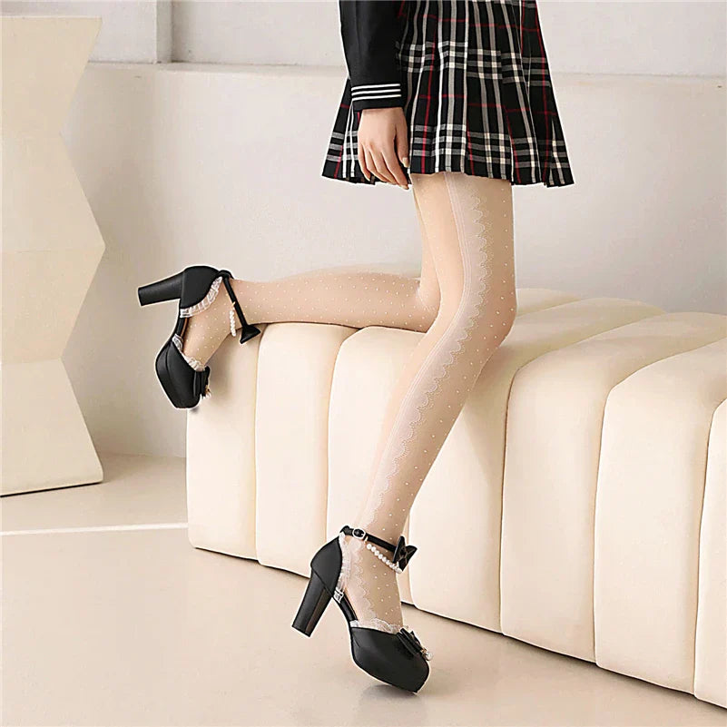 Ankle Strap Two-Piece Lolita Pump Round Toe Platform Kawaii Thick High Heel Bow Buckle Bead Cosplay Shoes Autumn
