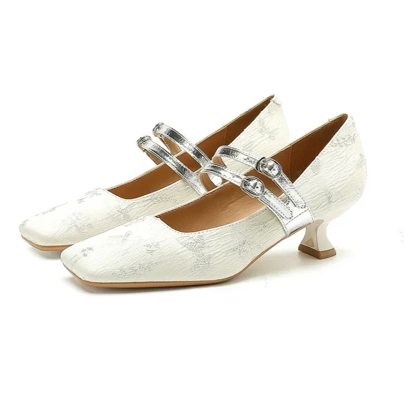 High Heels Silk Square Toe Elegant Comfort Belt Buckle Low Heel Shoes