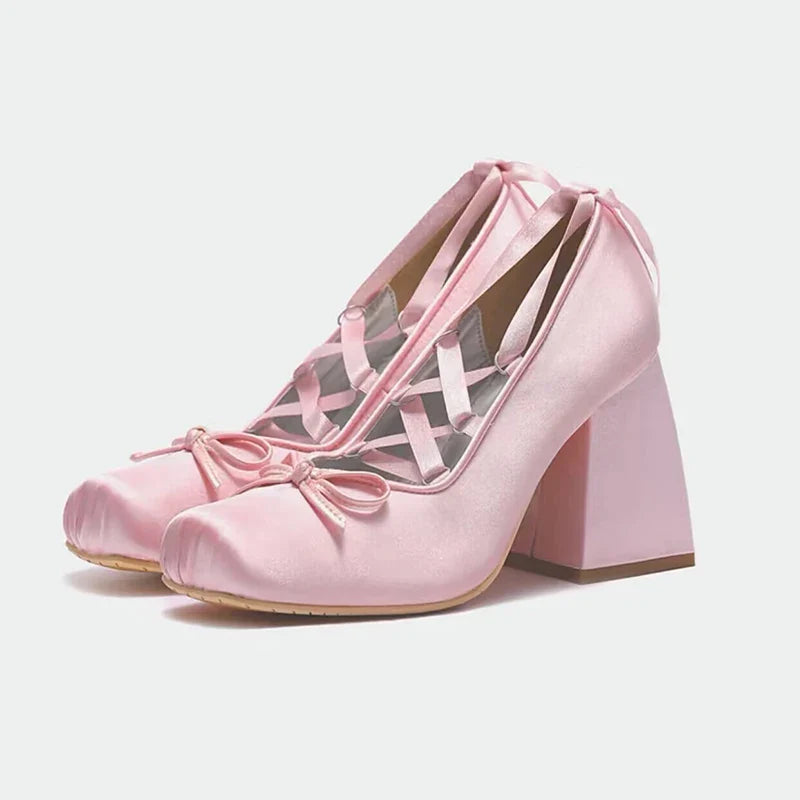 Silk square toe 9cm heel ballet shoes lace up