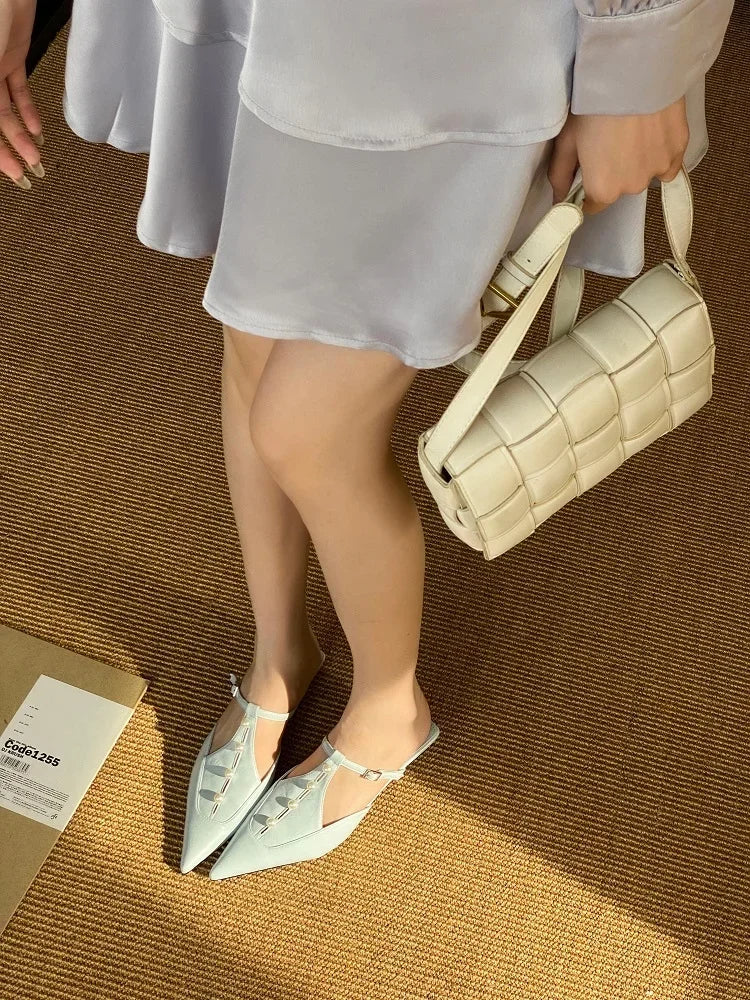 Woman Pumps String Pearl Pointed Toe Thin Low Heels Shoes Elegant Buckle Strap Zapatos De Mujer