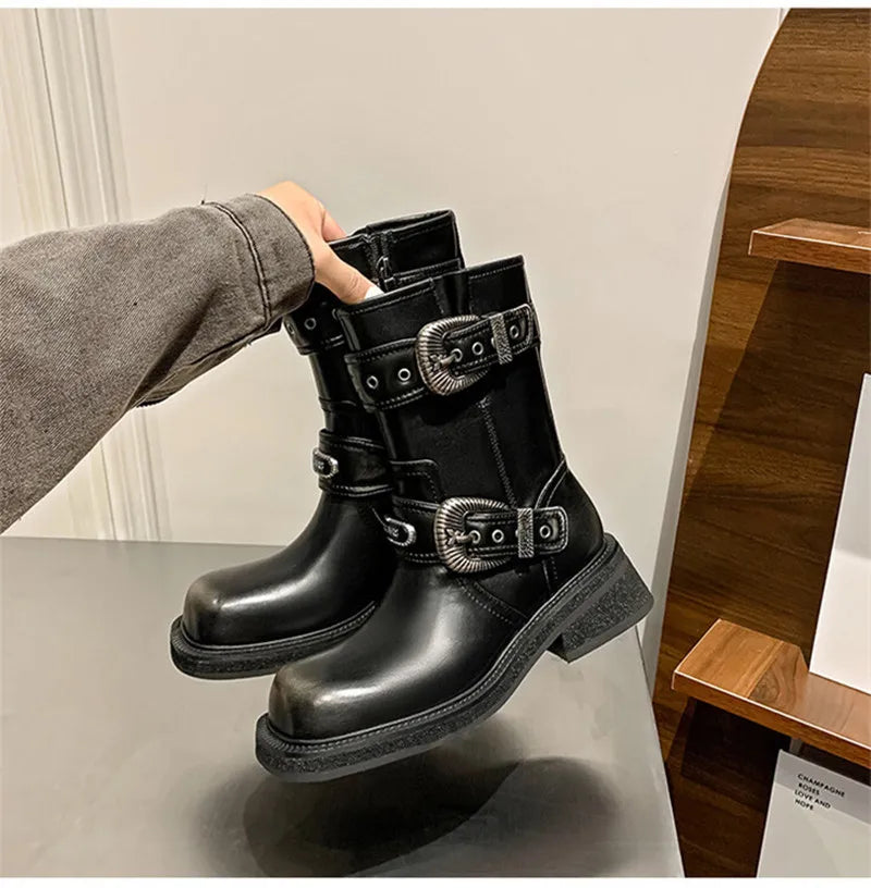 Metal Belt Buckle Motorcycle Boots Rivet Patent Leather Platform Wedge High heels Chunky Boots Shoes