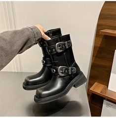 Metal Belt Buckle Motorcycle Boots Rivet Patent Leather Platform Wedge High heels Chunky Boots Shoes