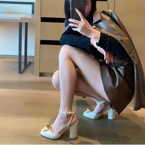 Rivet High Heel Sandals Woman Chunky Heel Sandals Heel Hollow High Heel Shoes Big Rivet Shoes