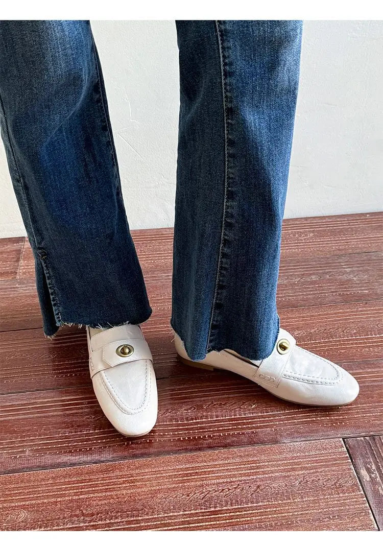 Genuine Calfskin Slip On Round Toe Square Heel Shallow Casual Outdoor Shoes