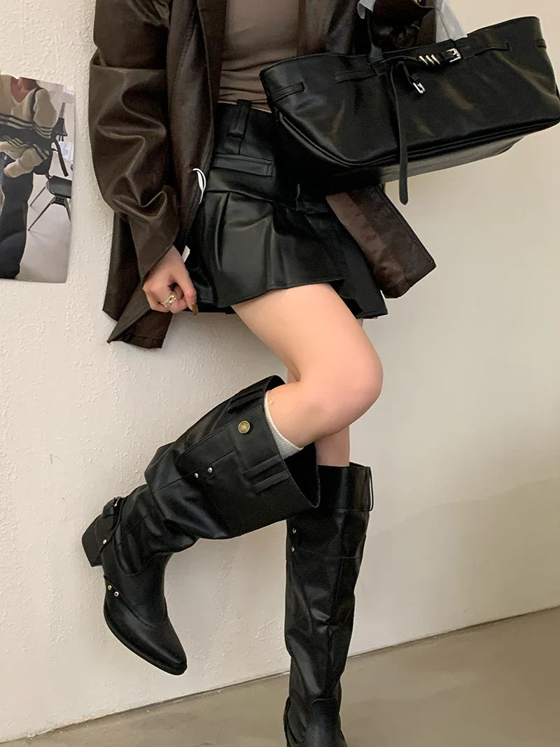 Black Boot Knee High Long Shoes Woman Pointed Toe Chunky Heels White Boots Belt Buckle Rivet Wide-Leg Shoe