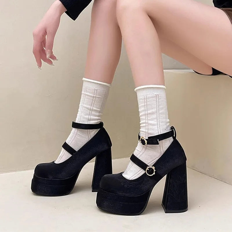 Pink Lolita High Heels Pumps Cute Bow Round Ankle Straps Chunky Platform Mary Jane Shoes Embroidered Heels