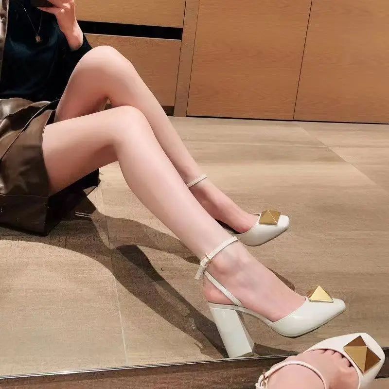 Rivet High Heel Sandals Woman Chunky Heel Sandals Heel Hollow High Heel Shoes Big Rivet Shoes