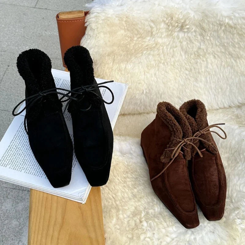 Lace Up Short Fluffy Warm Ankle Boots Comfort Square Toe Chunky Suede Short Boots Low Heels Party Shoes