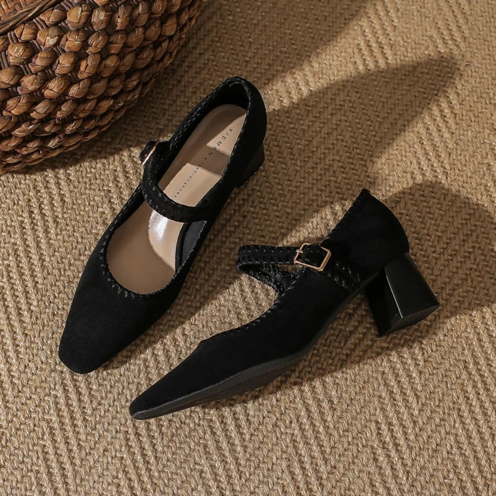 High Heeled One-word Buckle with Light Mouth Pumpss Thick Heel Small Square Head Mary Jane Shoes