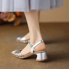 Split Leather Round Toe Chunky Heel Shoes Narrow Band Shoes