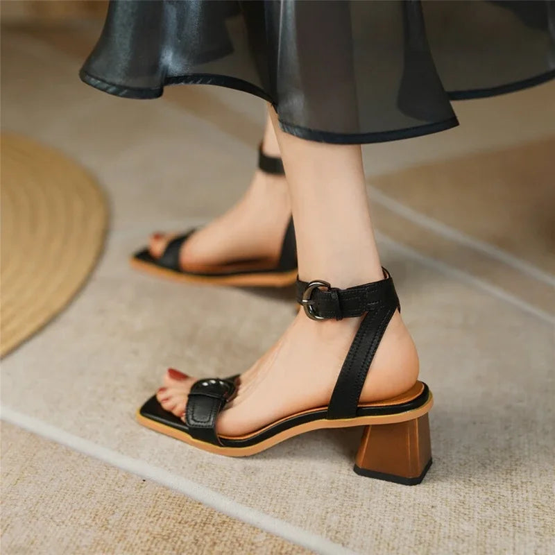 Shoes Square Toe Chunky Heel Cow Leather High Heels Solid Band Shoes Casual Black Shoes