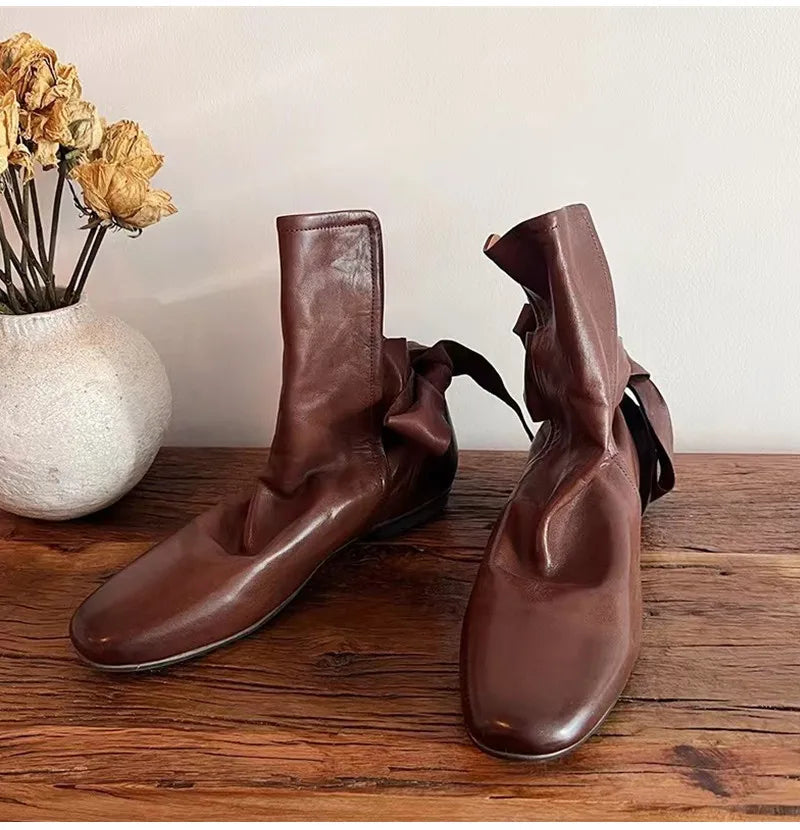 Soft Leather Lace-up Ankle Boots Comfortable Flats Short Booties Bowknot Chelsea Boots Shoes Botas