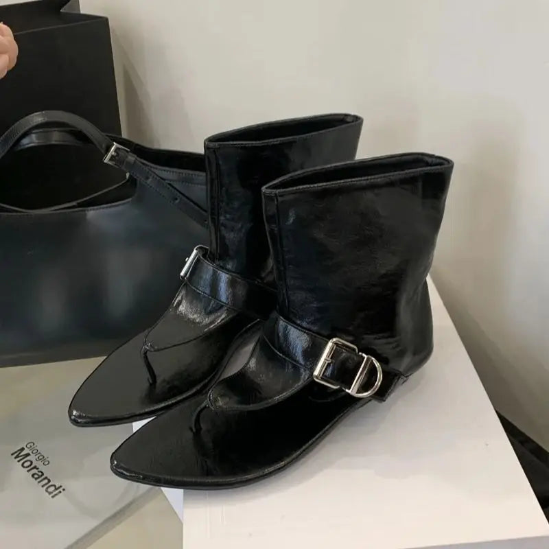 White Sandals Woman Thong Low Heels Ankle Boots Shoes Punk Black Sandals Brown Flip Flops Sandales Femmes 2025
