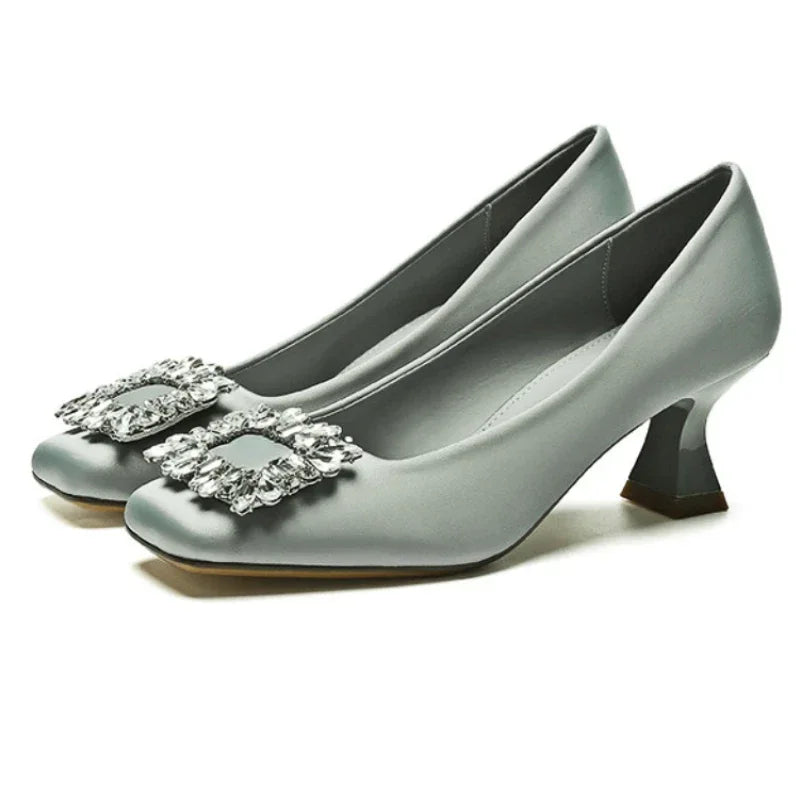 Rhinestone Satin Pumps Square Button Low Heel Office Shoes Elegant Crystal High Heels