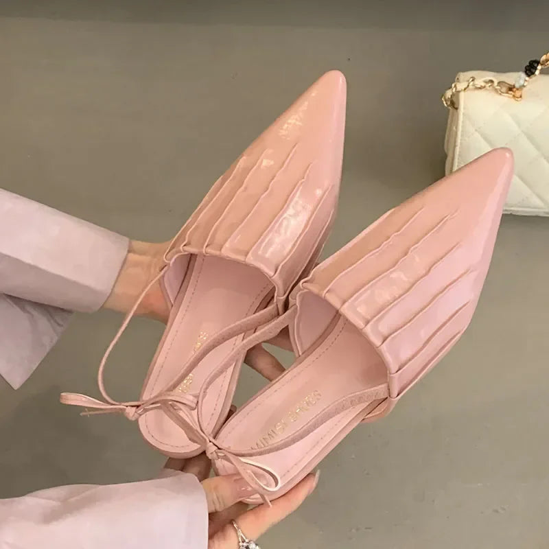 Pointed Pleated Low Heel Shallow Slingback Shoes Brand Lace Office Elegant Mule Shoes