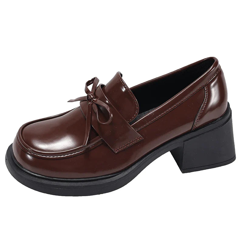 College Style Platform Loafers Shoes Shallow Slip On Shoes Elegant Thick Heel Leather Shoes