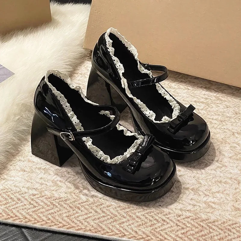 Platform High Heel Mary Jane Shoes Butterfly-knot Lace Shoes 2026 Wedding Party Shoes