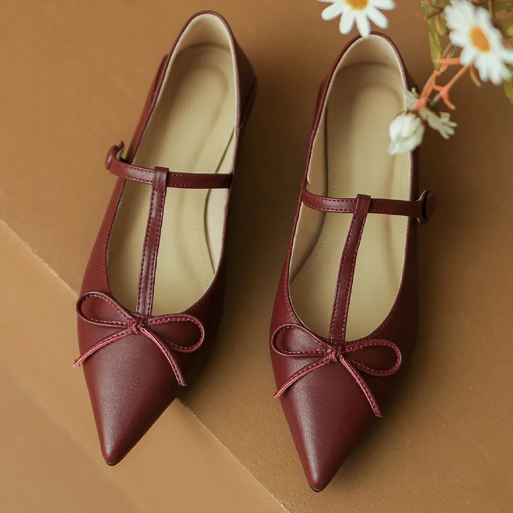 genuine leather pointed toe t-strap ballet flats single shoes soft comfortable casual sprinng ballerians sale