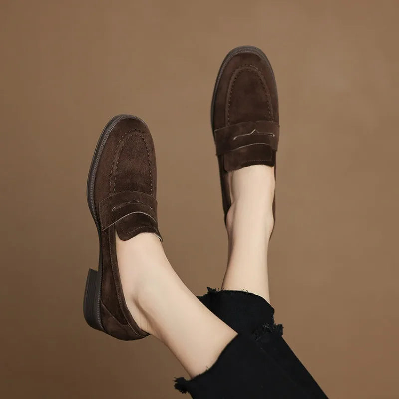 Kid Suede Penny Loafers Handmade Leisure Slip-on Creeper Flats Brown Size 34-43