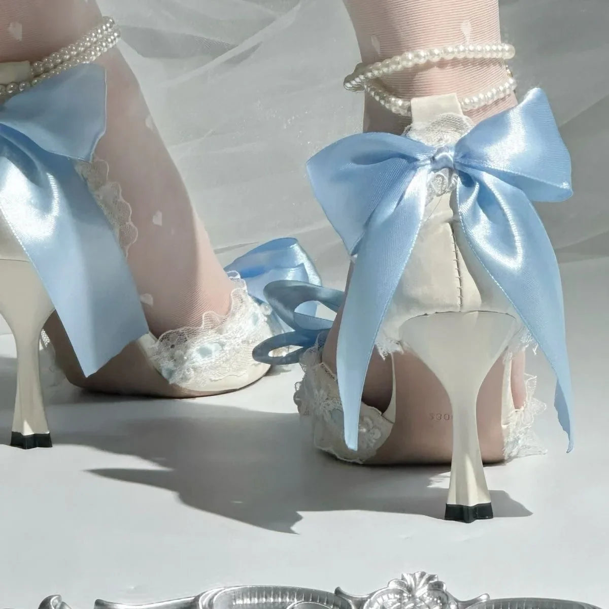 Party Shoes Woman Trend Blue High Heels Woman Pearl Lolita Shoes Y2K Heel Mary Jane Slingback