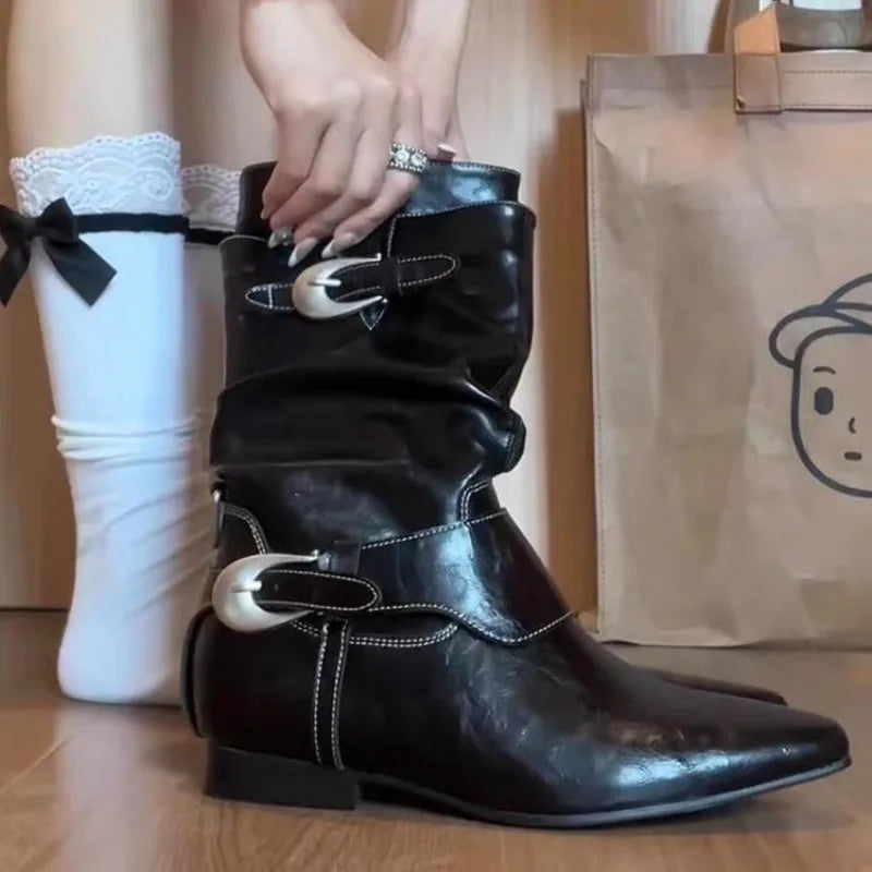 Round Toe Square Heel Elegant Mid-calf Boots Pin Buckle Decoration Solid Color Simple