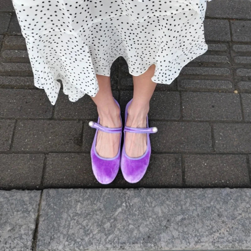 Retro Purple Burgundy Satin Pearl Velvet Mary Jane Flat Shoes