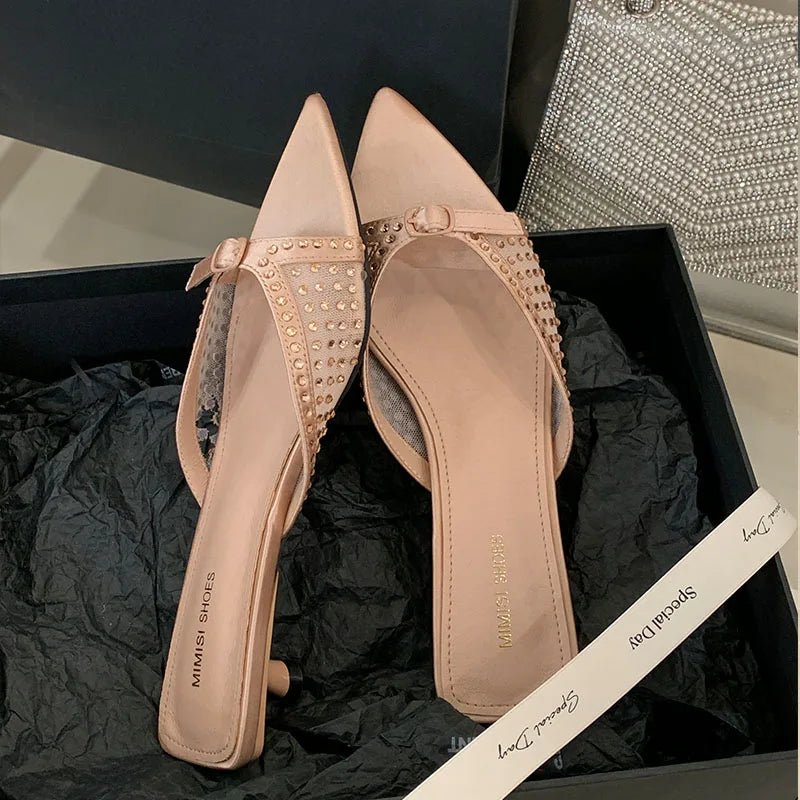 Pointed Toe Footwear Heeled Slippers Slides Shoes Rhinestones Low Heel Sandals Shoes