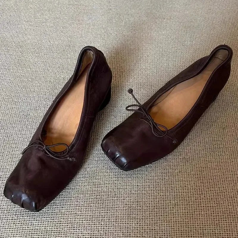Square Toe wrinkled Mary Jane Shoes Soft Leather Round Heel Ballerina Shoes
