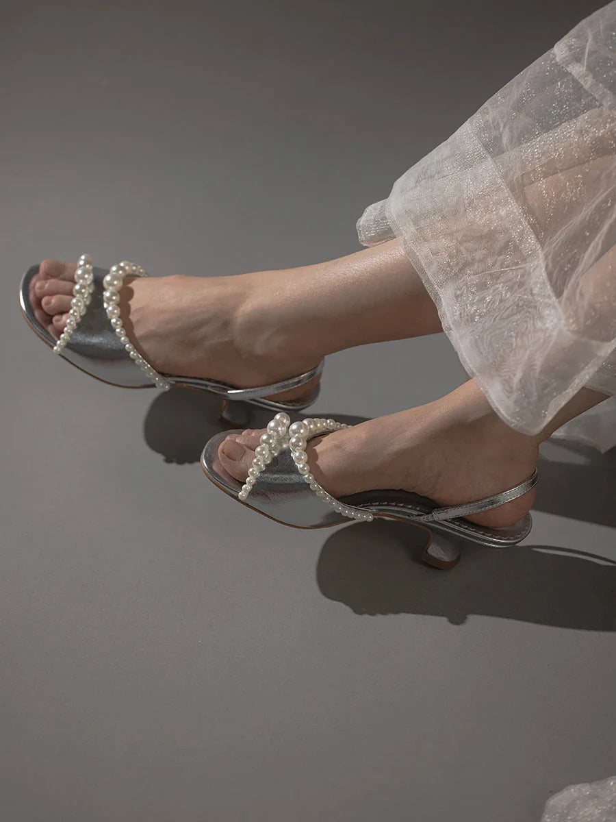 Pearls Edge Open Toe Sandals Block Heels Back Straps Shallow Sandal Dress Party Casual Rubber Sole Shoes