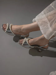 Pearls Edge Open Toe Sandals Block Heels Back Straps Shallow Sandal Dress Party Casual Rubber Sole Shoes
